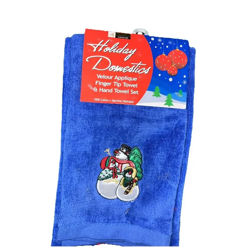 Holiday Domestics Snowman Christmas Tea Towel‎ Set Velour Appliqué Royal Blue